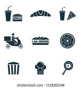 Fastfood icons set. Popcorn icon, croissant icon, pizza icon and more. Premium quality symbol collection. Fastfood icon set simple elements.