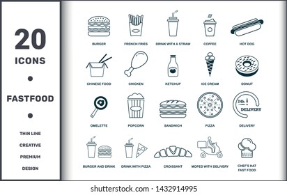 Fastfood icons thin line set collection. Includes creative elements such as Burger, French Fries, Drink With A Straw, Coffee, Hot Dog, Pizza and Sandwich premium icons.