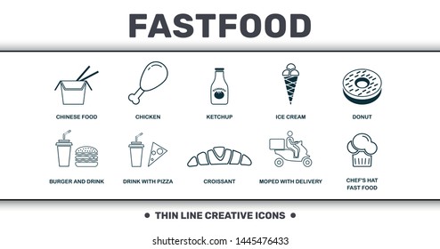 Fastfood icons thin line set collection. Includes creative elements such as Donuts, Ice Cream, Ketchup, Chicken Leg, Chinese Food, Drink With Pizza and Croissant premium icons.