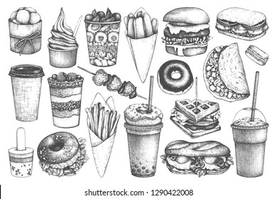 Fastfood illustrations collection. Street  festival menu design elements. Vector snacks, drinks and desserts drawings for logo, icon, label, packaging, poster. Junk food set in sketched style.