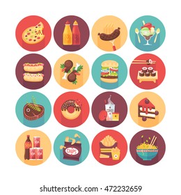 Fastfood, junk food, snack meal. Flat vector circle icons set with long shadow. Food and drinks.