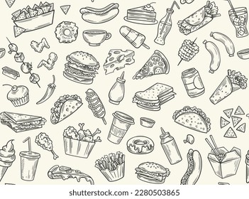 Fastfood line seamless pattern  Repeating design element for cafe menu  Donut  ice cream  french fries  coffee   chicken leg  Pizza   soda  Sweet   junk food  Cartoon flat vector illustration
