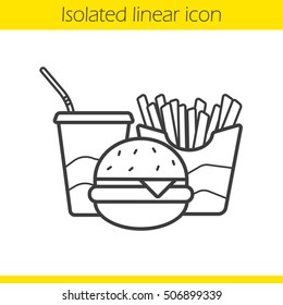 Fastfood linear icon. Thin line illustration. Cola paper cup, cheeseburger and french fries. Junk food contour symbol. Vector isolated outline drawing