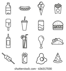 Fast-food linear icons set. Black and white flat food icons