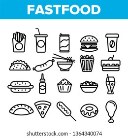 Fastfood Linear Vector Icons Set. Fastfood Thin Line Contour Symbols Pack. Junk Food Pictograms Collection. Unhealthy Snacks, Quick Meal, Street Food. Hamburger, French fries Outline Illustrations