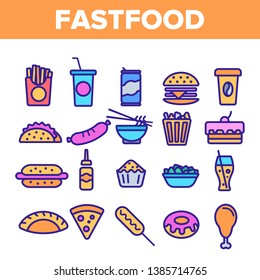 Fastfood Linear Vector Icons Set. Fastfood Thin Line Contour Symbols Pack. Junk Food Pictograms Collection. Unhealthy Snacks, Quick Meal, Street Food. Hamburger, French fries Outline Illustrations