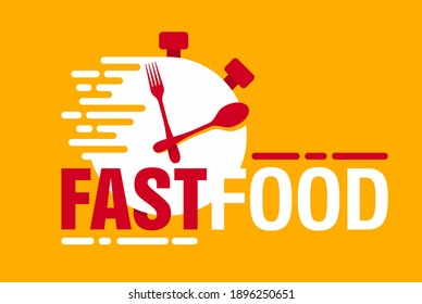 Fastfood logo template - conceptual combination of timer clock with plate as display, spoon and fork as clockwise hands - creative illustration for flyer