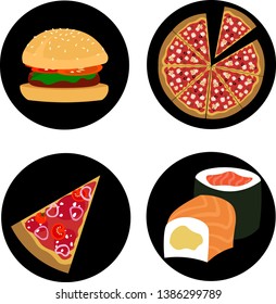 Fastfood logos. Burger, pizza, rolls, sushi. Food icons on black round background.
