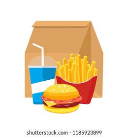 Fastfood lunch hamburger, french fries, coke with paper bag flat design vector illustration