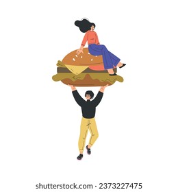 Fastfood with Man Character Carry Big Hamburger with Woman on It Vector Illustration