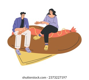 Fastfood with Man and Woman Character Sitting on Big Hot Dog Vector Illustration