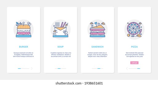 Fastfood meals for cafe restaurant pizzeria, junk food menu vector illustration. UX, UI onboarding mobile app page screen set with line burger soup sandwich pizza, unhealthy dinner food symbols
