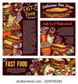 Fastfood menu banners, vector sketch. Street food and soda, burger and Italian pizza, french fries and popcorn, hot dog and burrito. Mexican taco and ice cream, donut and nachos, sandwich