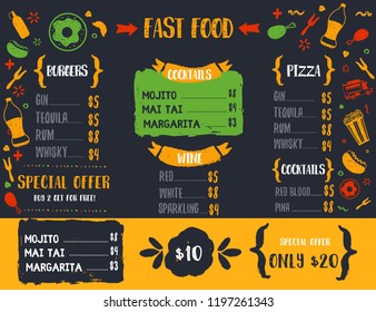FastFood menu design with doodle patterns for cafe promotion. Unhealthy product concept