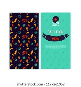 FastFood menu design with doodle patterns for cafe promotion. Unhealthy product concept