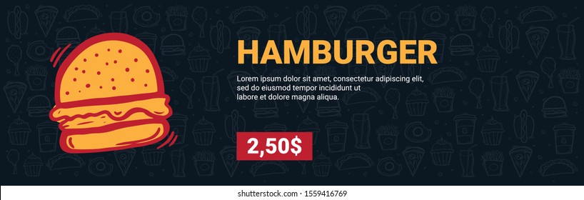 FastFood Menu with Hamburger. Hand draw doodle background