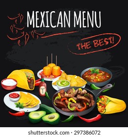 Fastfood menu on chalkboard background with mexican food illustration. 
