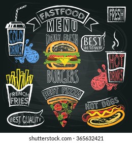 Fastfood Menu and speech bubble set with phrases Poster on Chalkboard. Vector illustration.