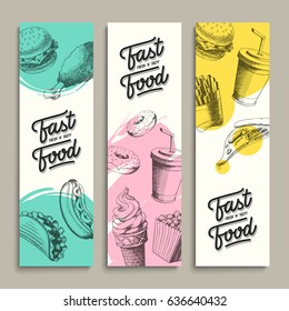 Fastfood modern banners set. Cool food sketches composition. Eps10 vector.