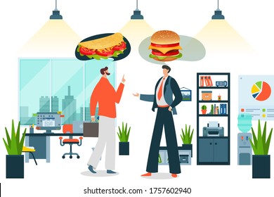 Fastfood order at business office, vector illustration. Hungry people character discuss choose food for break, burger and taco, Lunch time in office, adult flat businessman cowokers in company.