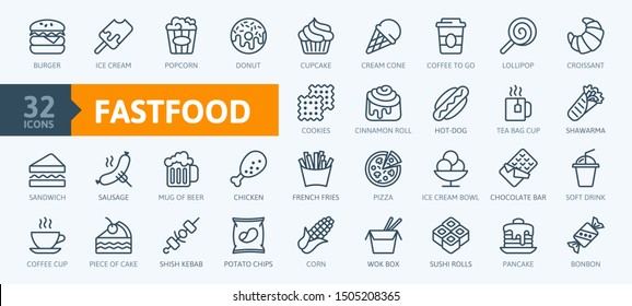 Fastfood - outline web icon set, vector, thin line icons collection