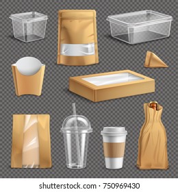 Fastfood packages realistic set with cup paper bags and containers dark transparent background isolated vector illustration