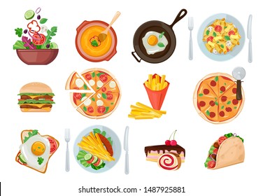 Fastfood , Pasta, Cake, Pizza, Breakfast illustrations collection. Traditional food. Icons for menu,  logos and labels.