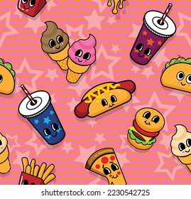 Fastfood pattern with modern doodle food illustrations. Seamless vector background,  drink with straw, french fries and burgers  slices of pepperoni pizza ,Hot dog, ice-cream