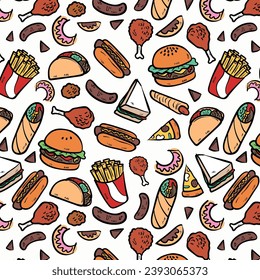 Fastfood pattern with modern doodle food illustrations. Seamless vector background, cola drink with straw, french fries and burgers with cheese, slices of pepperoni pizza and margherita