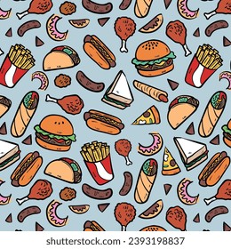 Fastfood pattern with modern doodle food illustrations. Seamless vector background, cola drink with straw, french fries and burgers with cheese, slices of pepperoni pizza and margherita