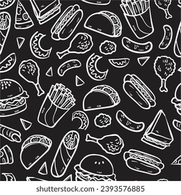 Fastfood pattern with modern doodle food illustrations. Seamless vector background, cola drink with straw, french fries and burgers with cheese, slices of pepperoni pizza and margherita