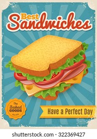 Fastfood poster. Vintage style vector Best Sandwiches poster. High detailed vector sandwich illustration.