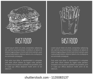 Fastfood posters set French fries in package and hamburger. Meat and fried potato, takeaway meal salad leaves monochrome sketch vector illustration
