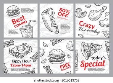 Fastfood promotion design, post set, vector illustration, Modern restaurant business banner, menu best combo, happy hour. Hand drawn food with free delivery and sandwich best combo.
