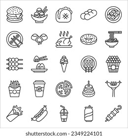 Fastfood related line icon set. Street food linear icons. Burger, hotdog and sandwich, vector illustration on white background