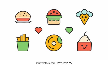Fastfood related line icon set. Street food linear icons. Burger, hotdog and  sandwich outline vector signs and symbols collection.