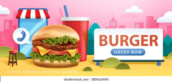 Fastfood Restaurant Ad Banner In 3d Illustration Over City Background