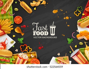 Fastfood restaurant colorful frame black background poster with popcorn mustard saus hotdogs and ice-cream vector illustration 