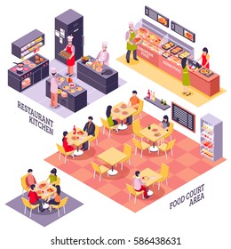 Fastfood restaurant interior design conceptual set with isolated isometric storeys of food court area and kitchen vector illustration