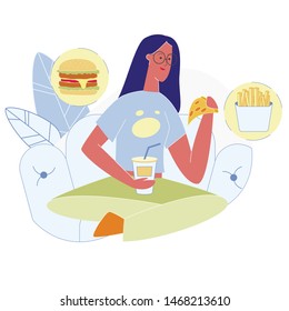 Fastfood Restaurant Order Flat Vector Illustration. Unhealthy Lifestyle, Woman Eating Delicious Junk Food. Girl Sitting at Home, Holding Fizzy Drink Takeaway Cup and Tasty Pizza Slice