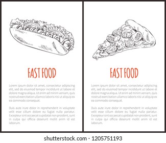 Fastfood restaurant poster with american common lunch option. Vector drawn hotdog with sausage and mayo, pizza slice with tomatoes, meat and cheese.