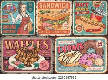 Fastfood restaurant set flyers colorful with sweet desserts from bakery or waitress with cupcakes on tray vector illustration