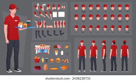 Comida rápida, Creación y Animación de Personajes de Trabajador de Restaurantes, Hombre Vestido de Uniforme Rojo con Varios Alimentos, Gestos de Manos, Animación de Boca y Sincronización de Labios. Ilustración vectorial