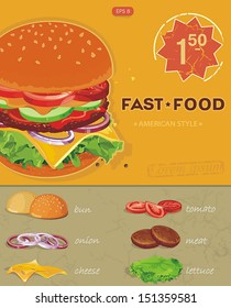 Fastfood. Retro Design of Burgers Menu with Ingredients. Vector illustration