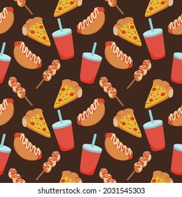 Fastfood seamless pattern vector design with meatball, hotdog, pizza, and cola. Perfect for fabric pattern, wallpaper, wrapping paper, backdrop, etc.