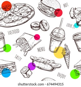 Fastfood seamless pattern .  Vector Hand drawn  Isolated vector objects. Hamburger, pizza, hot dog,  cheeseburger, coffee and soda cups, ice cream ,  french fries, popcorn , donuts, rolls, sandwich