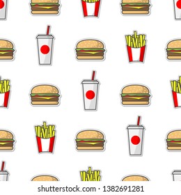 Fast-food seamless pattern. Wrapping paper background. Vector illustration with burger, soda cup and French fries on white background.