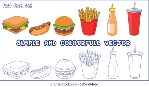 fastfood set in 2 version-simple and colourfull vector-create in adobe illustrator