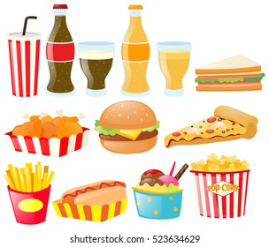 Fastfood set with different types of food and drink illustration