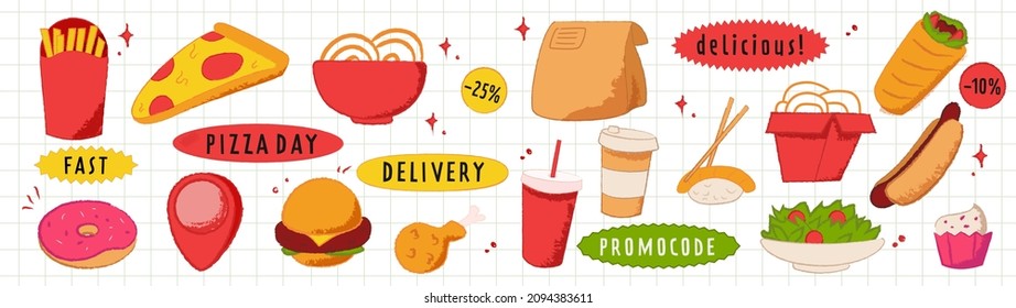 The fastfood set with food and promocode stickers. Textured modern flat